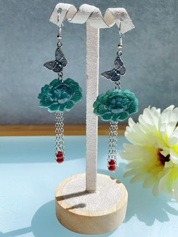 Blue Jadeite Flower Dangle Earrings: Silver, Red Gourd Accents