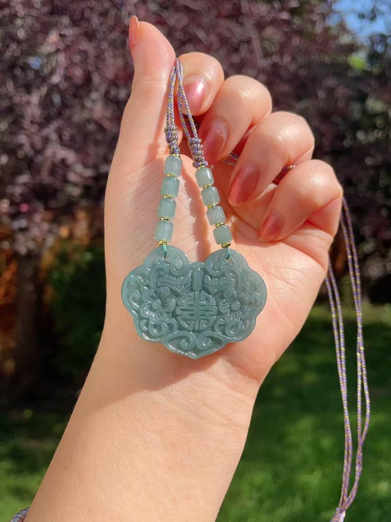 Natural Blue Water Jadeite: Peace Lock Pendant Necklace ,Adjustable Cord, Natural Jadeite, Handmade Pendent Necklace