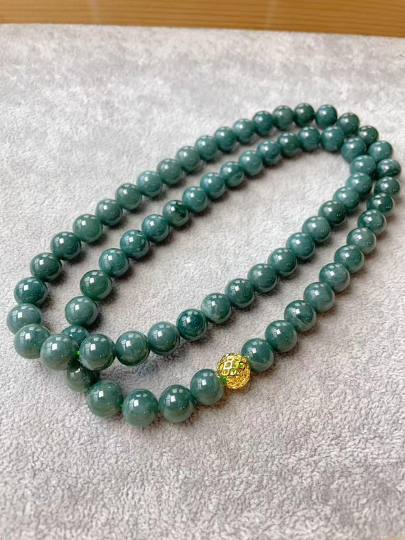 Certified 10mm Blue Jadeite Beaded Necklace, Undyed Natural Jadeite, 25" jade beaded chain, Real Jade Chain,  Gift for Everyone