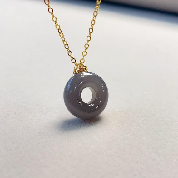 Certified Jade 18K Gold Circle Pendent Necklace, High Grade Purple Jade Donut Necklace, 18K Gold Peace Pendent, Minimalist Circle Necklace