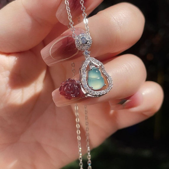 Natural Blue Jadeite Gourd Pendent Necklace, Jadeite Necklace, Gourd Pendent, Natural Blue Jade , Lucky Jade Necklace,蓝水翡翠，Gift for her
