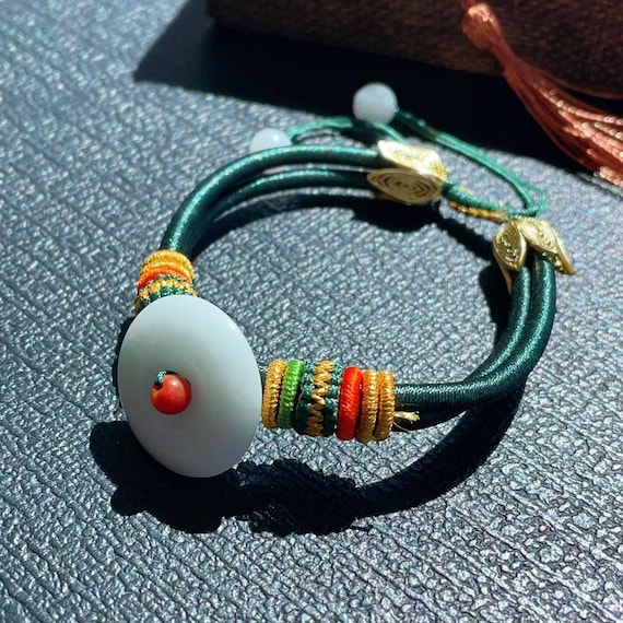 Certified Natural Jade Donut Bracelet, Adjustable Lucky Coin Charm Bracelet, Handwoven Cord Protection Amulet, Natural Jadeite Bracelet.