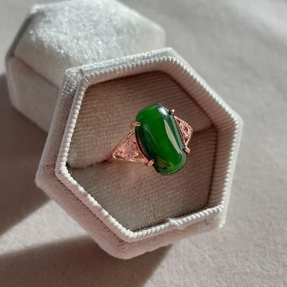 Certified Green Jade Ring, Natural Green Jade Ring, High Grade Jade Ring, Emerald Cut Jade Ring, Rose Gold Jade Ring, Minimalist Jade, 碧玉