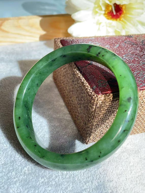 Certified Forest Green Jade Bangle: Natural Nephrite Green Jade Bracelet 57.6mm, Green Jade Bangle Bracelet