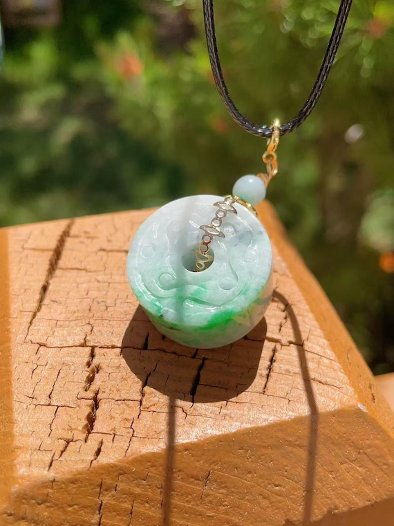 DEAL! Certified Green Jadeite Pendent Necklace, Natural Jade Circle Pendant Necklace, Round Beads Necklace, Lucky Jade Gift, 翡翠，平安扣