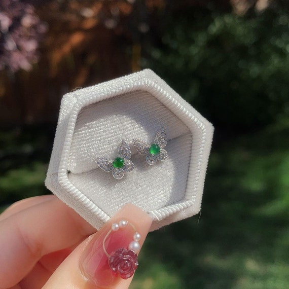 Natural Green Jadeite Silver Stud Earrings, High Grade Jadeite Butterfly Studs, Green Jadeite Earrings Studs, Lucky Jade Earrings, 翡翠