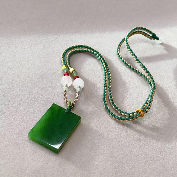 Certified Green Jade Square Pendent, Natural Jade Lucky Pendent, Protection and Peace Jade Necklace, Jade Flat Pendent, 碧玉