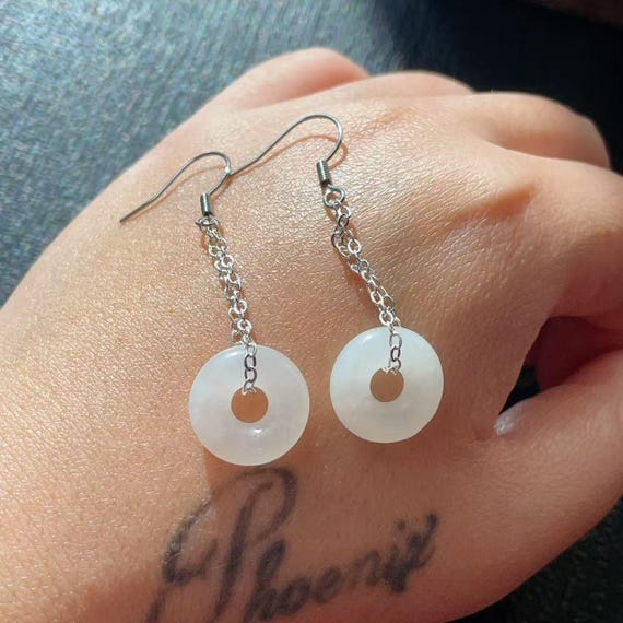 Certified Natural White Jade Dropped Earring, Natural Nephrite Jade, Jade Circle Earring, Natural White Jade , Silver Earring