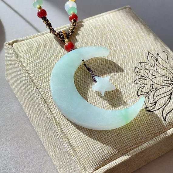 Certified Natural Jadeite Necklace, Natural Jadeite Moon Star Pendant Necklace, Moon Star Green Jadeite Necklace, Lucky Jade , Gift for her