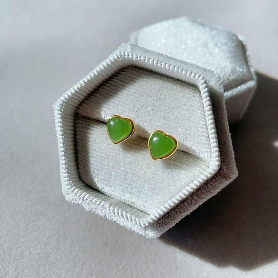 Certified Green Jade Stud Earrings, Green Jade Earrings, Green Jade Heart Earring, Minimalist Heart Stud Earring, Tiny Heart Studs
