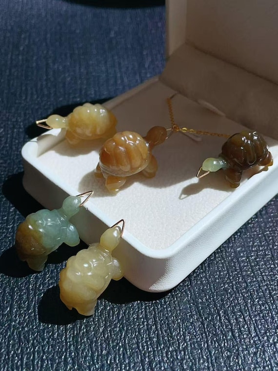 Amazing! Hand-Carved Natural Jade Turtle Pendant, Certified Real Yellow Jade Pendent Necklace ,Good Luck Amulet Jade. Untreated Jade Turtle