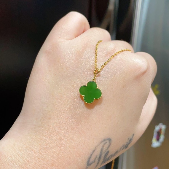 Certified Natural Green Jade Four Leaf Clover ,18K Gold Pendant Necklace, Minimalist Green Jade Pendent Necklace.