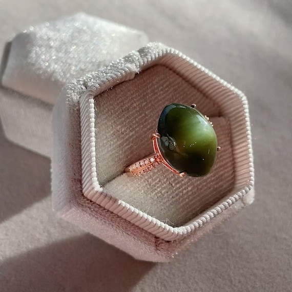 Certified Green Jade Ring, Natural Jade Adjustable Ring, Deep Green Jade Ring, Marquise Jade Ring, Rose Gold Jade Ring, Minimalist Jade, 碧玉