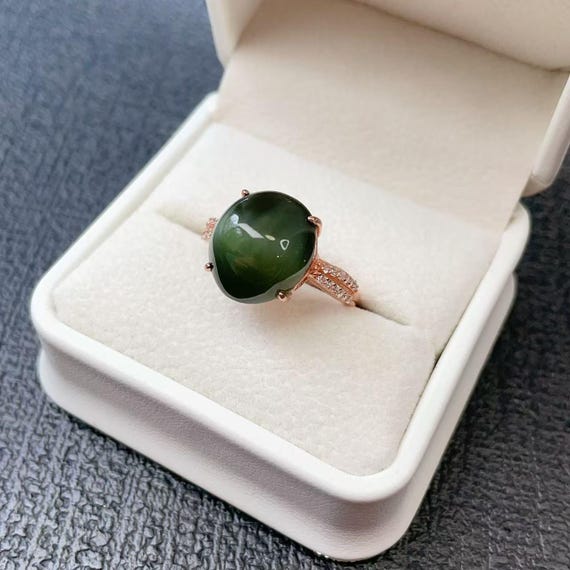 Certified Green Jade Ring, Natural Jade Adjustable Ring, Dark Green Jade Ring, Marquise Jade Ring, Rose Gold Jade Ring, Minimalist Jade, 碧玉