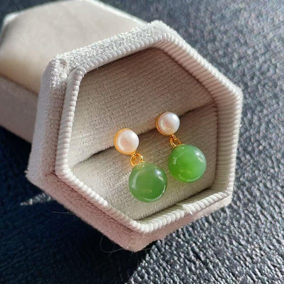 So Cute! Certified Natural Green Jade Stud Earrings, 8mm Rich Green Jade Earrings, Pearl and Jade Studs, Minimalist Jade Studs, 925 Silver