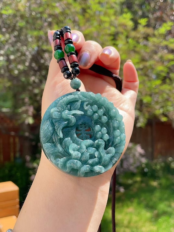 WOW! Certified Natural Blue Jadeite Pendent, Large Handcraft Crane and Peony Jadeite Pendent, Natural Jadeite, Gift for Everyone,蓝水翡翠.