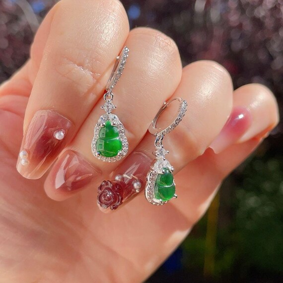 Natural Green Jadeite Hoop Earrings, Green Jadeite Hoop Earrings, Gourd Earrings, Natural Green Jade Earrings, Lucky Jade Earrings