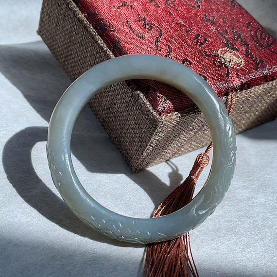 OMG! Certified Natural Smoky Lavender Nephrite Jade Bangle, Hand-Carved Floral Motif Jade, Iced Grey Jade Bangle, 56mm Unique Fusion Jade