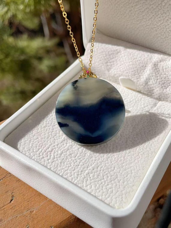 Unique! Certified Ink Painting Jade 18K Gold Pendent Necklace, High Grade Black Jade Necklace, 18K Gold Circle Pendent, High Grade Jade, 青花