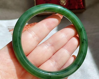 Oh! Certified Natural Green Jade Bangle, High Grade Forest Green Jade Bangle, Large Size Jade Bangle Bracelet, Genuine Canadian Jade,碧玉，手镯