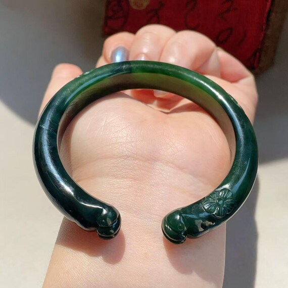 Cool! Certified Natural Green Jade Thick Bangle, Cat Paw Green Jade Bangle Bracelet, 58mm Bangle Bracelet, Genuine Canadian Jade,碧玉，手镯