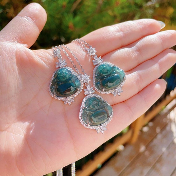 Certified Natural Blue Jadeite Buddha, High Grade Jadeite Pendent Necklace, Lucky Buddha Necklace,蓝水翡翠佛公，Gift For Her