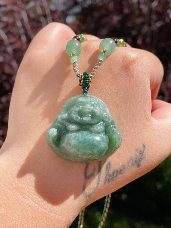Certified Thick Natural Jadeite Buddha Pendant Necklace, 35mm Jadeite Buddha , Handwoven Lucky Amulet, Type A Jadeite Green Jade Buddha,佛公
