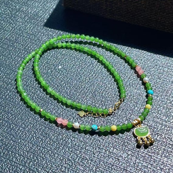 Certified Green Jade Slim Chain Necklace, Handcraft Nephrite Jade Necklace, Dainty Green Jade Necklace with Lock Pendant, Apple Green Jade