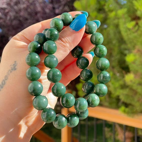 Certified Natural Green Jade Bracelet. 12mm Natural Nephrite Green Jade，Dark Green Jade Beaded Bracelet，Gift for Everyone