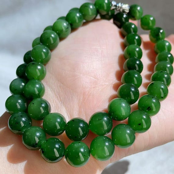 Certified Natural Green Jade Necklace, Fine 10mm Green Jade Beaded Necklace, Rich Green Jade Necklace, Green Jade , Gift for her,碧玉项链