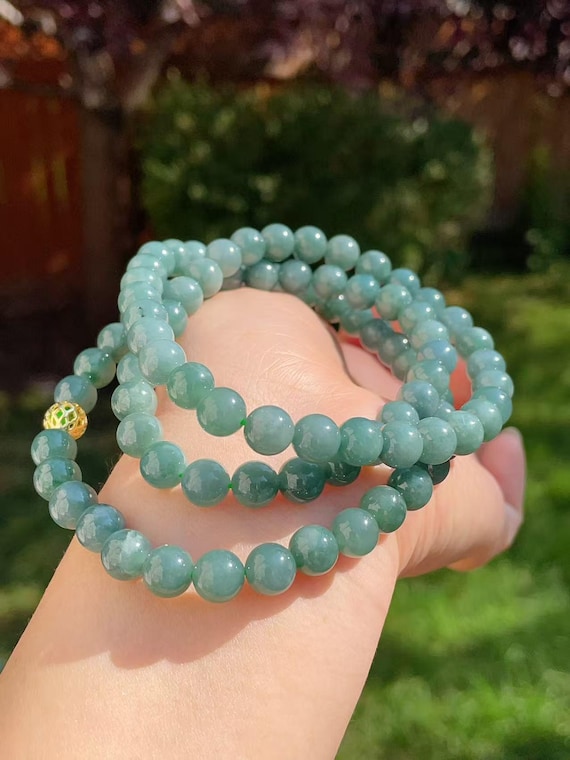 Certified 8mm Blue Jadeite Beaded Necklace, Undyed Natural Jadeite, 26" jade beaded chain, Gift for Her