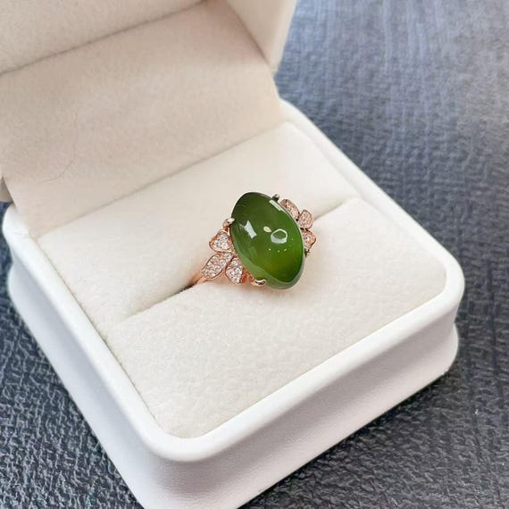 Certified Green Jade Ring, Natural Jade Ring, Fine Jade Ring, Marquise Jade Ring, Rose Gold Jade Ring, Minimalist Jade, 碧玉