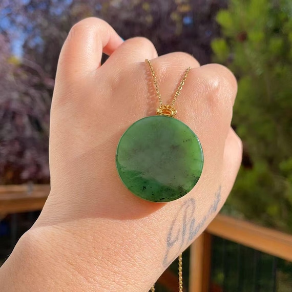 Certified Green Jade Circle Pendent Necklace, Natural Green Jade Necklace, Jade Flat Tag Pendent, Peace and Love, Gift for Her,碧玉