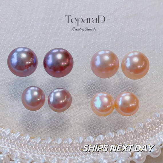 Minimalist Pearl Stud Earrings, Genuine Pearl Studs, Handmade Pearl Jewelry, Bridesmaids Pearl, Purple Pink Pearl Stud Earrings