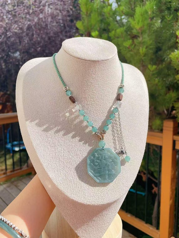 Certified Natural Blue Jadeite Tag Lucky Pendant Necklace, Hand-Carved Jade Jewelry, Certified Large Jadeite Pendent, Gift for Her
