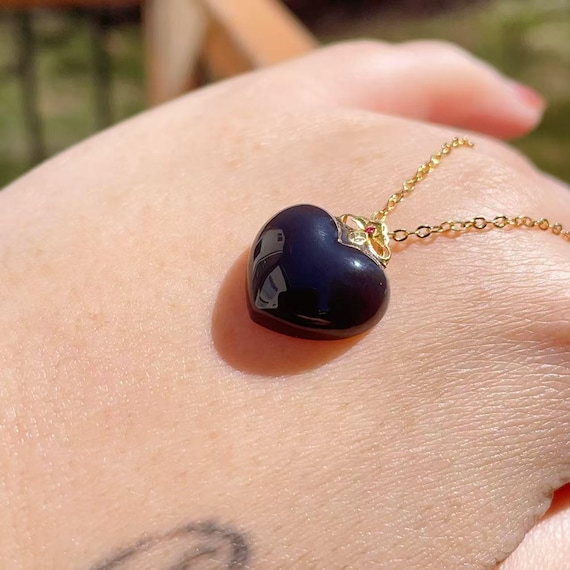Certified Natural Jade 18K Gold Heart Pendent Necklace, High Grade Dark Purple Jade , 18K Heart Pendent, Minimalist Heart Necklace,烟紫
