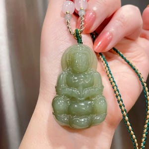 Natural Spring Green Jade Guan Yin Pendant: Protection & Peace Necklace