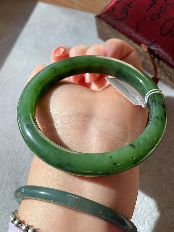 Certified Forest Green Jade Bangle: Natural Nephrite Green Jade Bracelet (59mm/60-61 Wearable), Green Jade Bangle