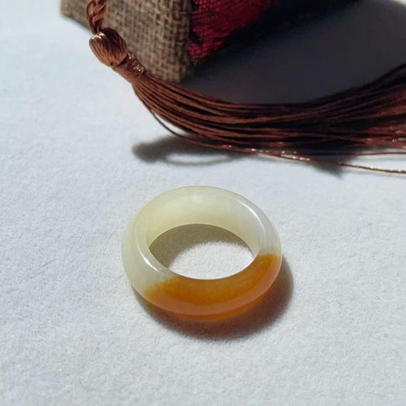 Certified Natural Jade Band, US7 Jade Ring, Unique Golden Brown Two Tone Jade Ring, Natural Jade Ring, 糖白,戒指