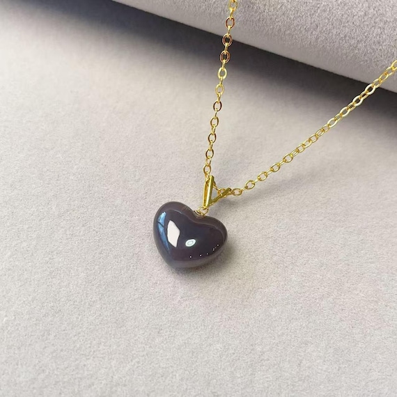 Certified Natural Jade 18K Gold Heart Pendent Necklace, High Grade Purple Jade Necklace, 18K Heart Pendent, Minimalist Heart Necklace,烟紫