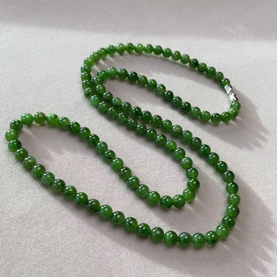 Certified Natural Green Jade Long Necklace, Natural Rich Green Jade Beads Necklace, Green Jade Necklace, Gift for Her