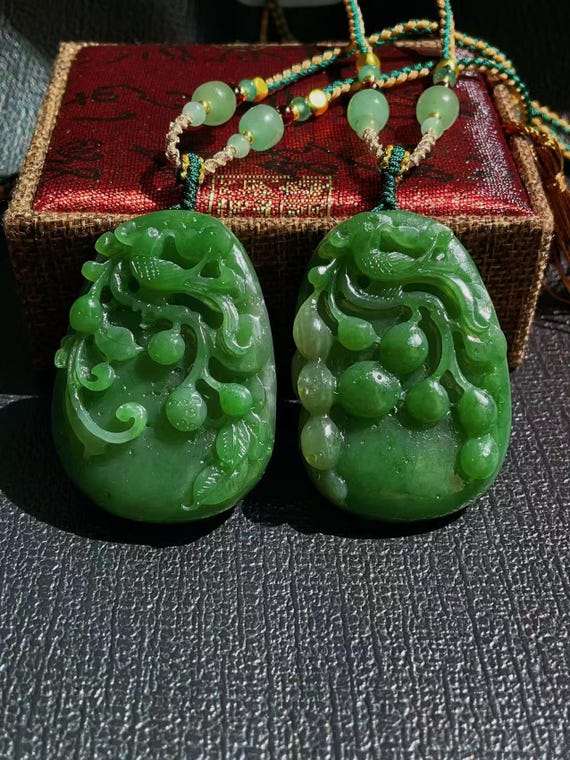 OMG! Certified Hand-Carved Natural Green Jade Pendant ,Phoenix & Gourd Design , Real Nephrite Jade Pendent Necklace, Untreated Jade Pendent