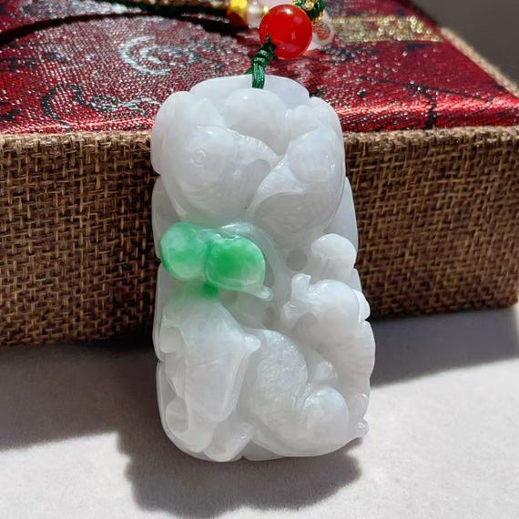 WOW! Certified Natural Jadeite Pendant Necklace, Handcraft Lucky Koi Pendent, Creamy White and Green Jadeite, Koi Jade Pendent, 翡翠，锦鲤