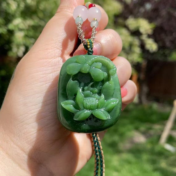 Certified Green Jade Pendent Necklace, Natural Green Jade, Handcraft Lotus Pendent Necklace, Protection and Lucky Jade Necklace,碧玉，花开富贵