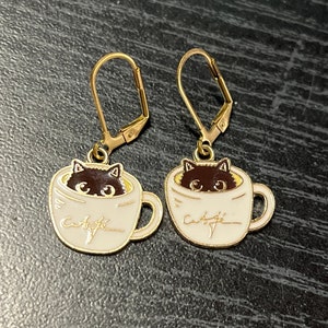 Cat in coffee mug earrings with stainless steel lever backs
