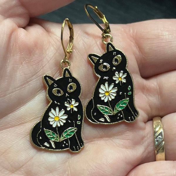 Black Cat and Daisy Gold and Enamel Earrings