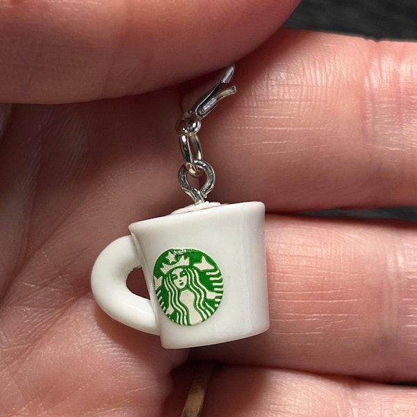 Starbucks Inspired Coffee Heart Mug Zipper Charm or Stitch Marker - Stainless Steel Clasp