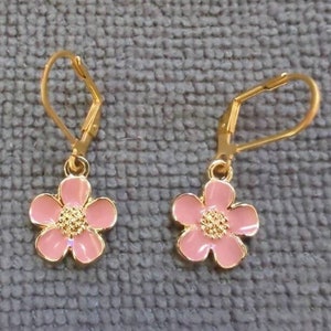 Sakura pink cherry blossom and gold earrings with stainless steel lever backs