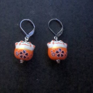 Maneki-neko lucky cat earrings porcelain orange with stainless steel lever backs