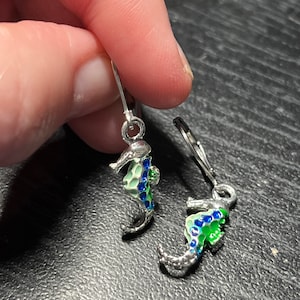 Seahorse Earrings Shiny Silver Blue and Green with stainless steel lever backs